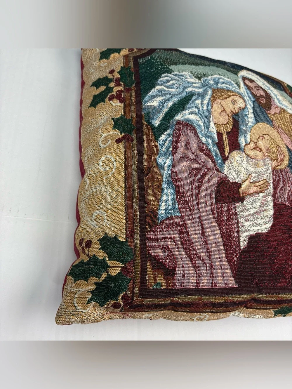 Vintage Tapestry Throw Pillow Christianity Woven Mary Joseph Jesus Nativity